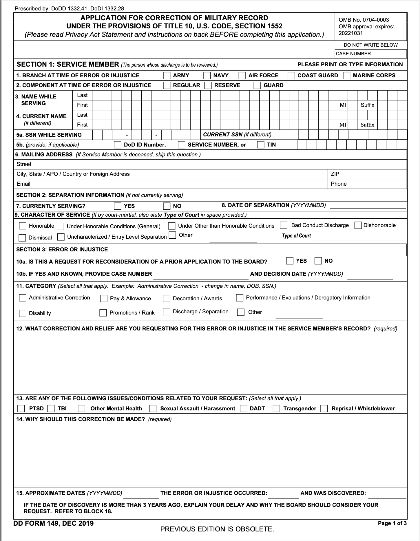Application for Correction of Military Record - DD Form 149