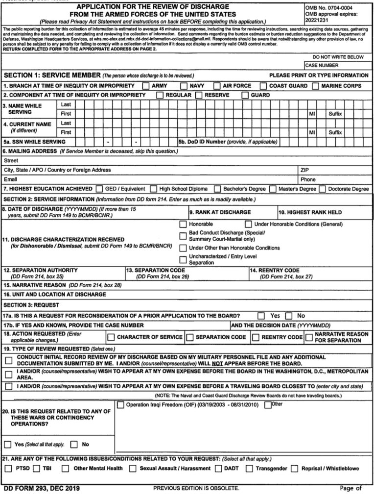 Application for the Review of Discharge - DD Form 293