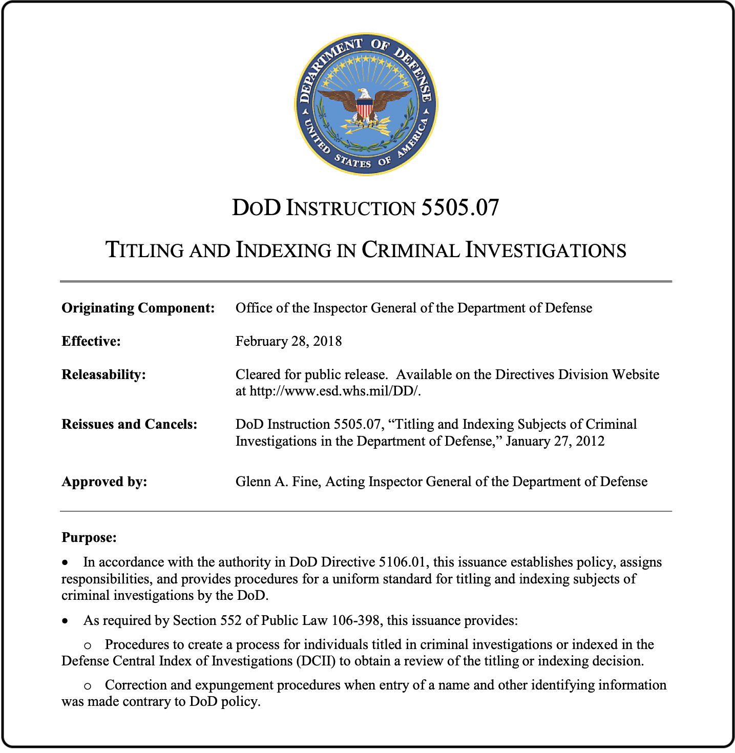 DoD Instruction 5505.07 - Titling and Indexing in Criminal Investigations